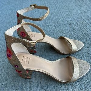INC Soft Gold Embroidered Block-Heel Dress Sandals